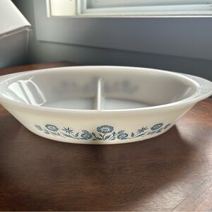 Vintage White Divided Dish with Blue Floral Design